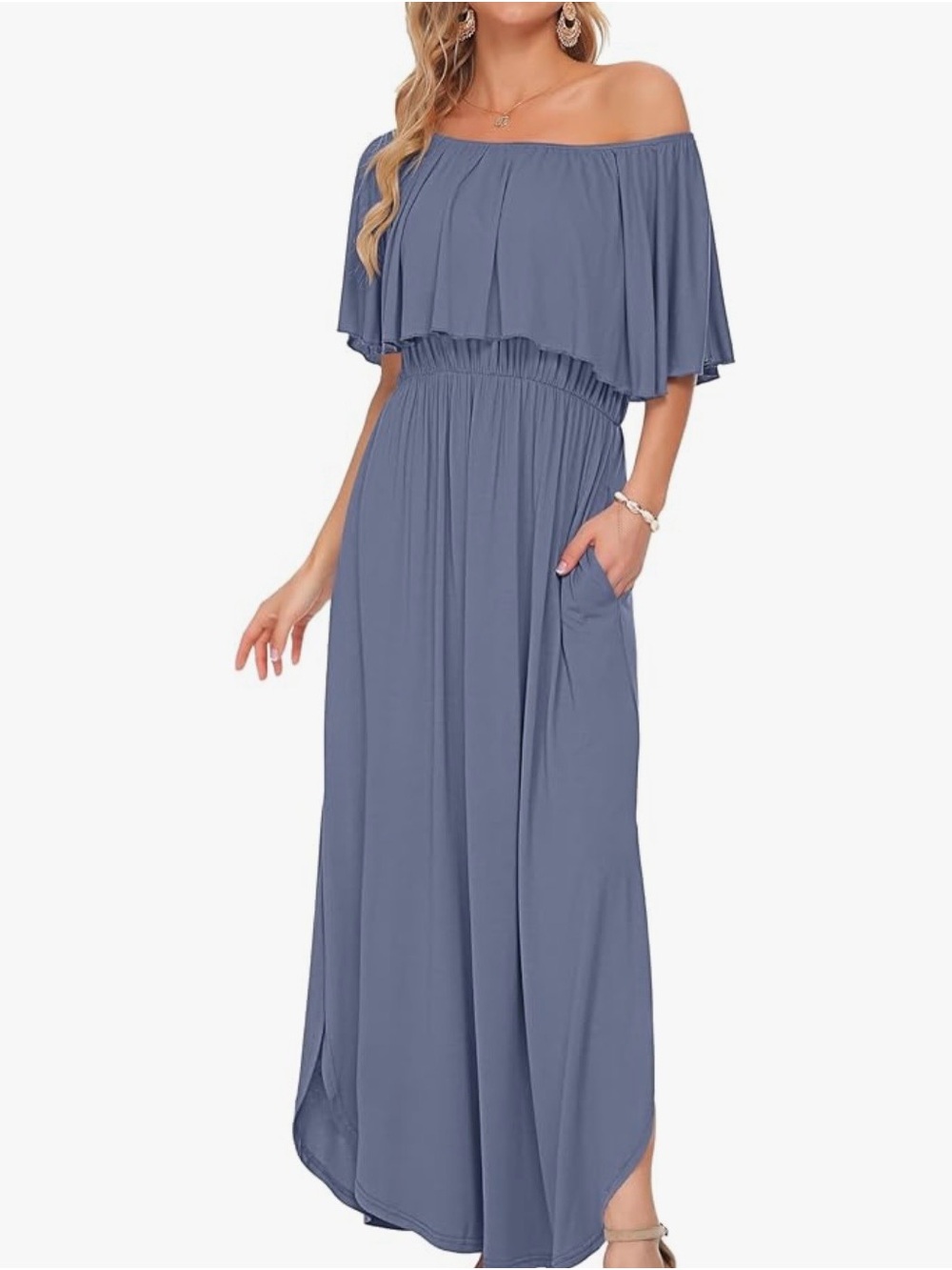 Women’s Off Shoulder Purple Maxi Dress with Ruffle Overlay